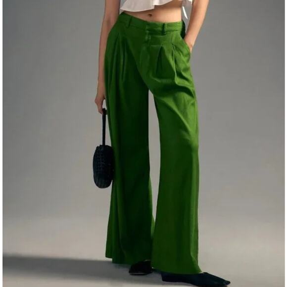 Maeve Pants Womens 0 The Avery Pleated Wide Leg Trousers Green Linen Blend Work - Picture 1 of 15